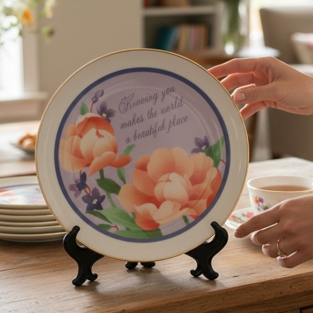 Retro American Greetings Floral Plate, orange and purple blooms, vintage decor